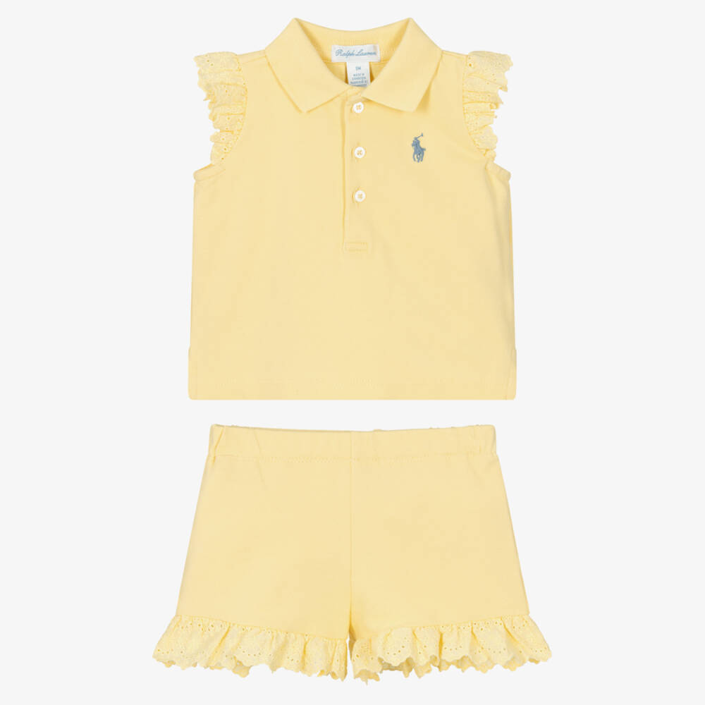 Ralph Lauren-Baby Girls Yellow Piqué Shorts Set with Ruffle Trims | Childrensalon