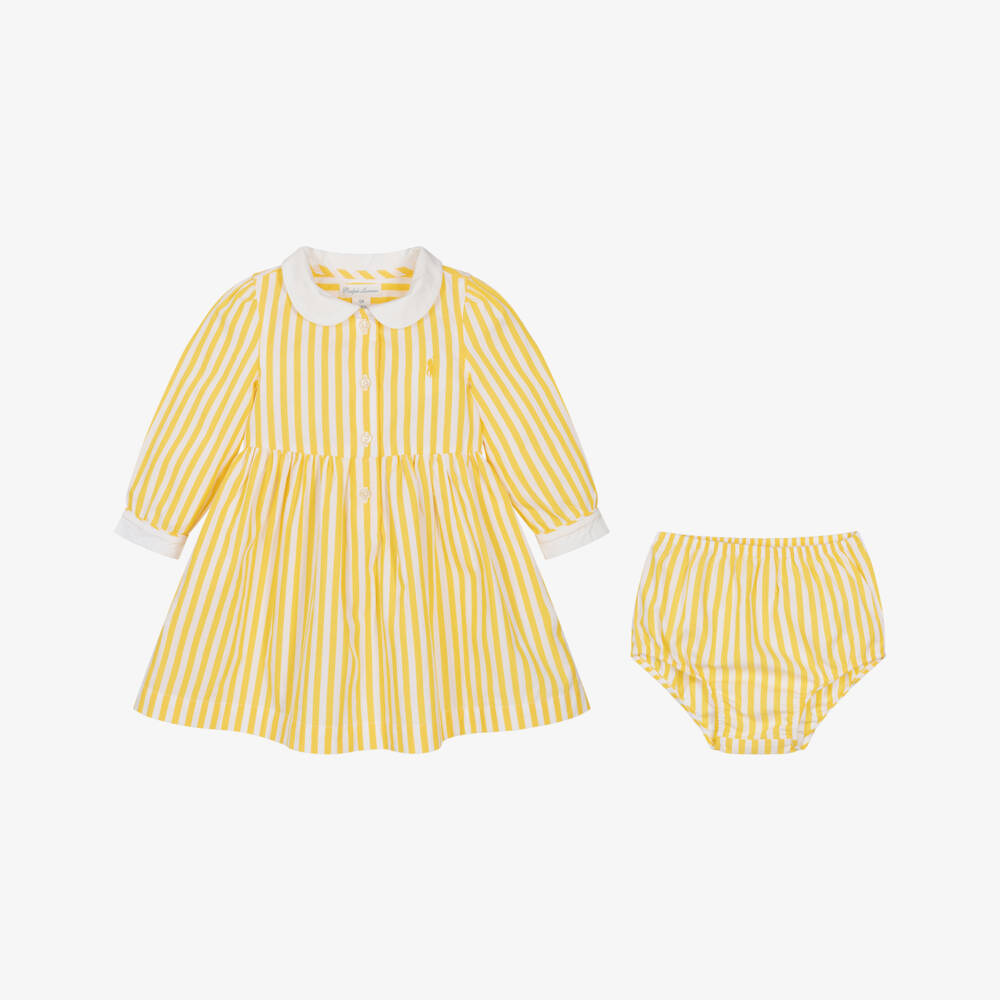 Ralph Lauren-Baby Girls Yellow & White Striped Cotton Dress | Childrensalon