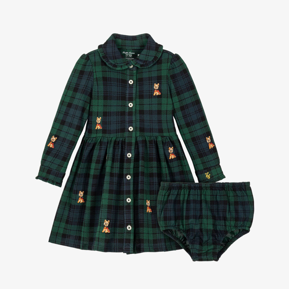 Ralph Lauren-Baby Green & Navy Tartan Shirt Dress | Childrensalon