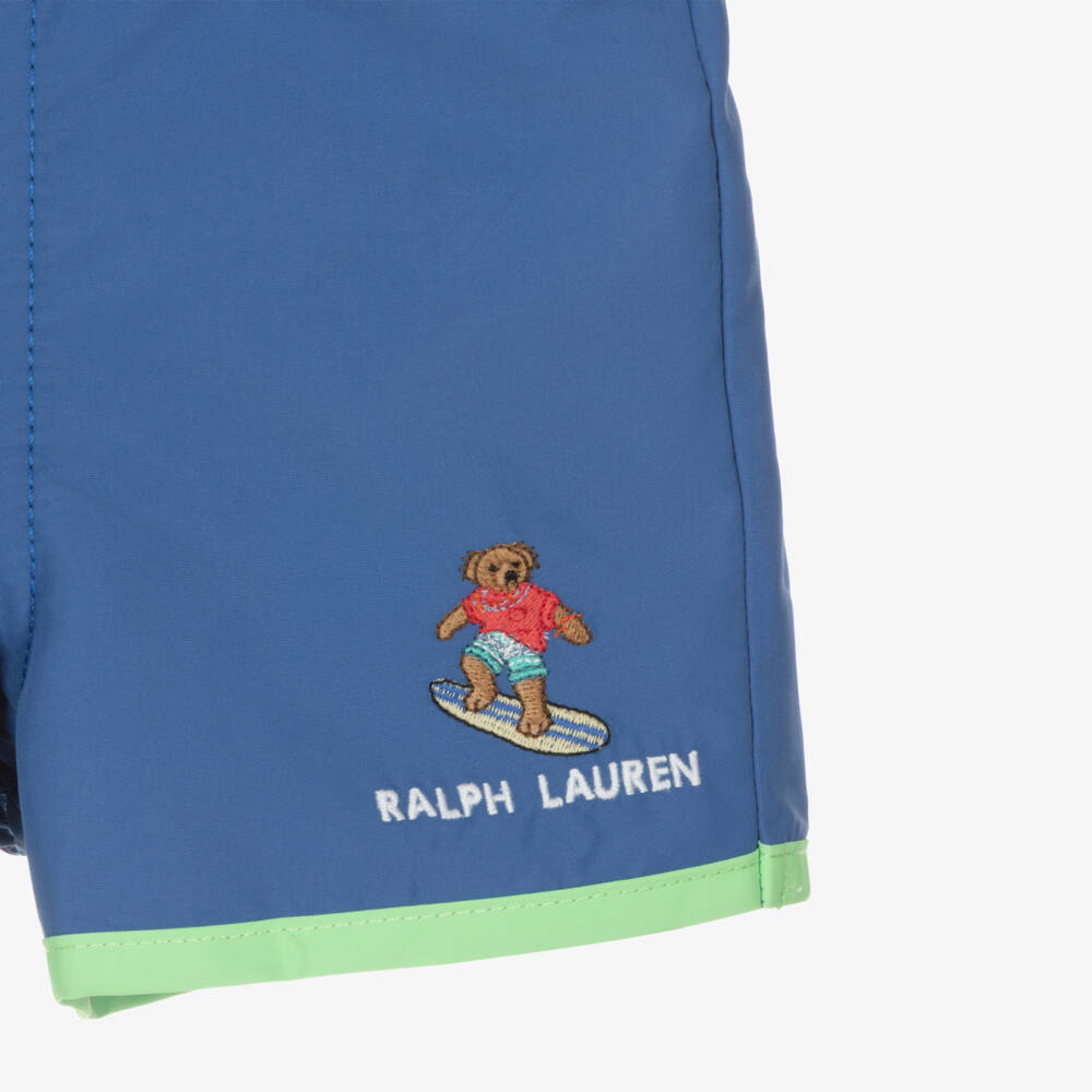 Ralph Lauren-Baby Boys Blue & Green Swim Shorts with Polo Bear | Childrensalon