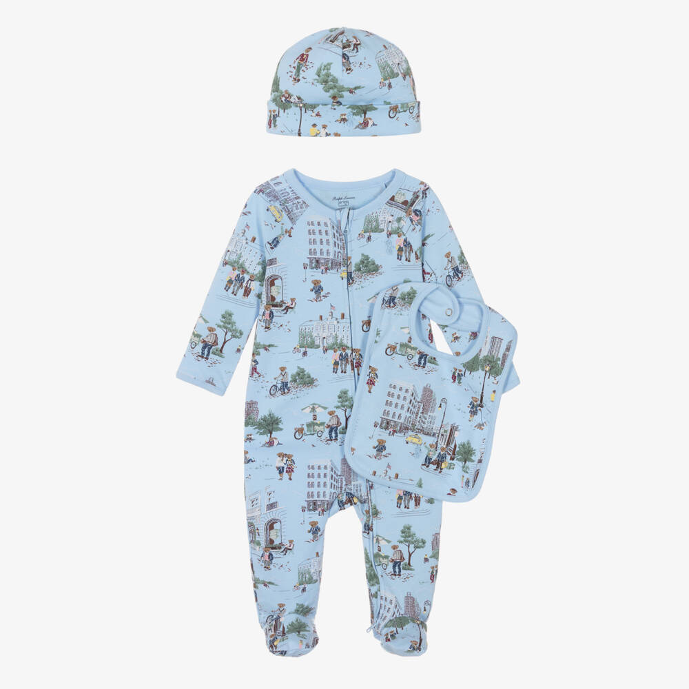 Ralph Lauren-Blue Cotton New York City Babysuit Set | Childrensalon