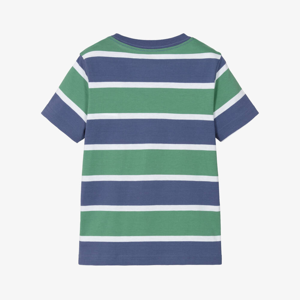 Ralph Lauren-Blue & Green Striped Cotton Polo Bear T-Shirt | Childrensalon