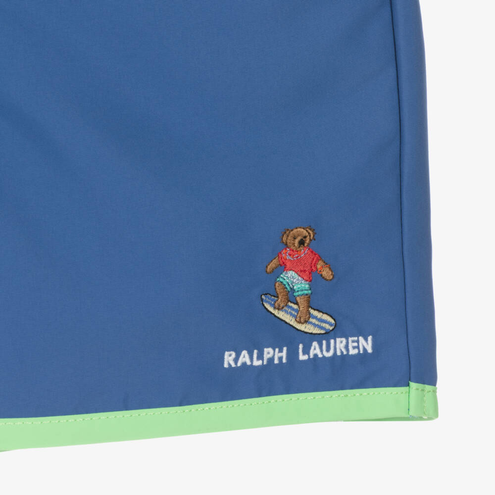 Ralph Lauren-Boys Blue & Green Swim Shorts with Polo Bear | Childrensalon