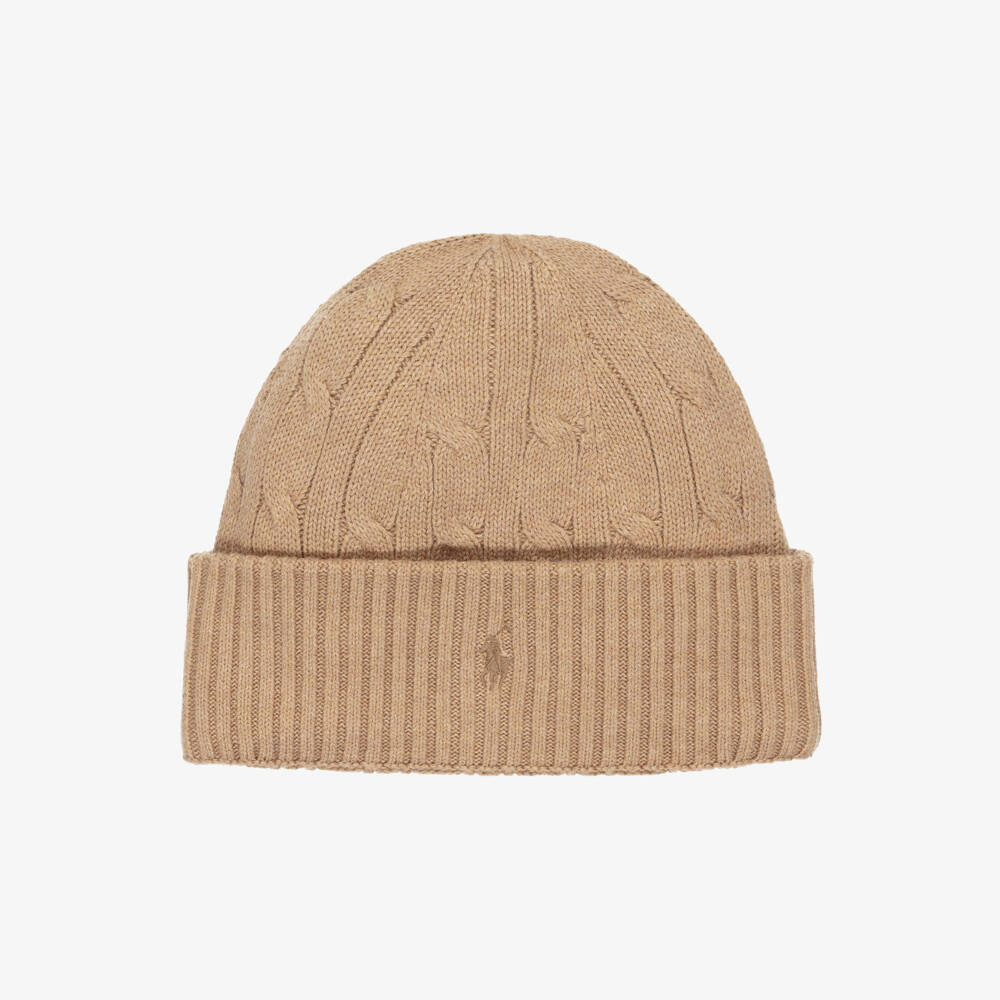 Ralph Lauren-Boys Beige Cotton Cable Knit Beanie Hat | Childrensalon