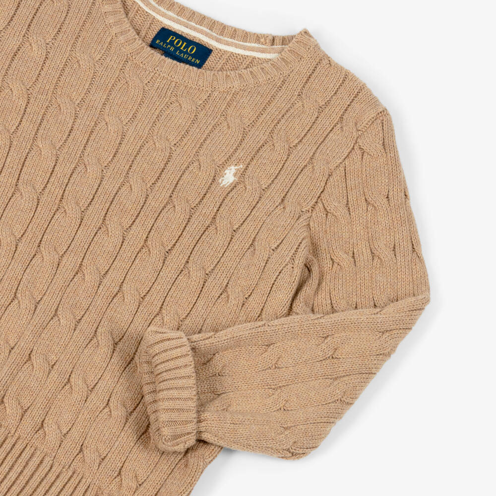 Ralph Lauren-Boys Beige Cotton Cable Knit Sweater | Childrensalon