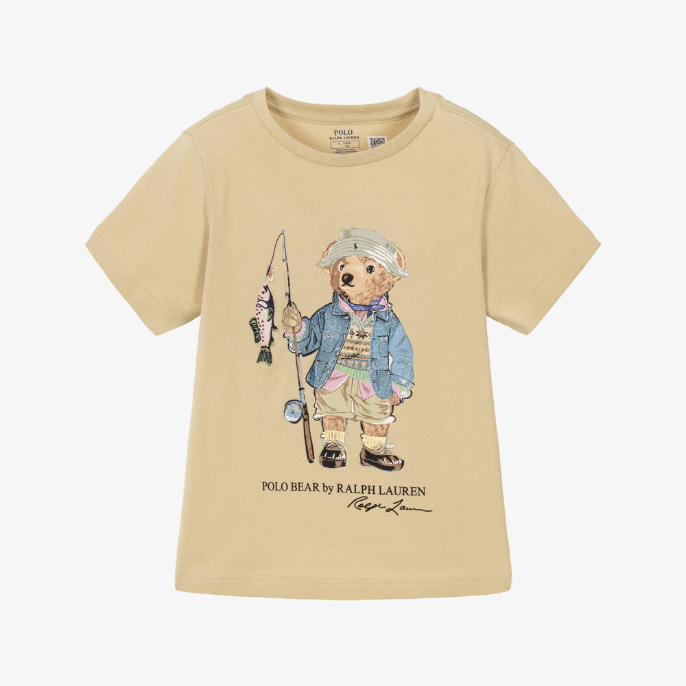 Ralph Lauren-Boys Beige Cotton Fishing Polo Bear T-Shirt | Childrensalon