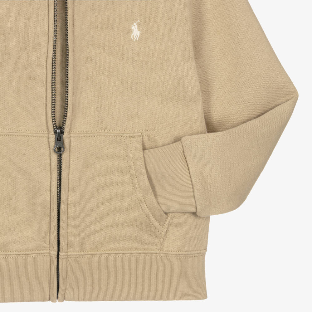 Ralph Lauren-توب بغطاء رأس بسحاب قطن جيرسي لون بيج للأولاد | Childrensalon