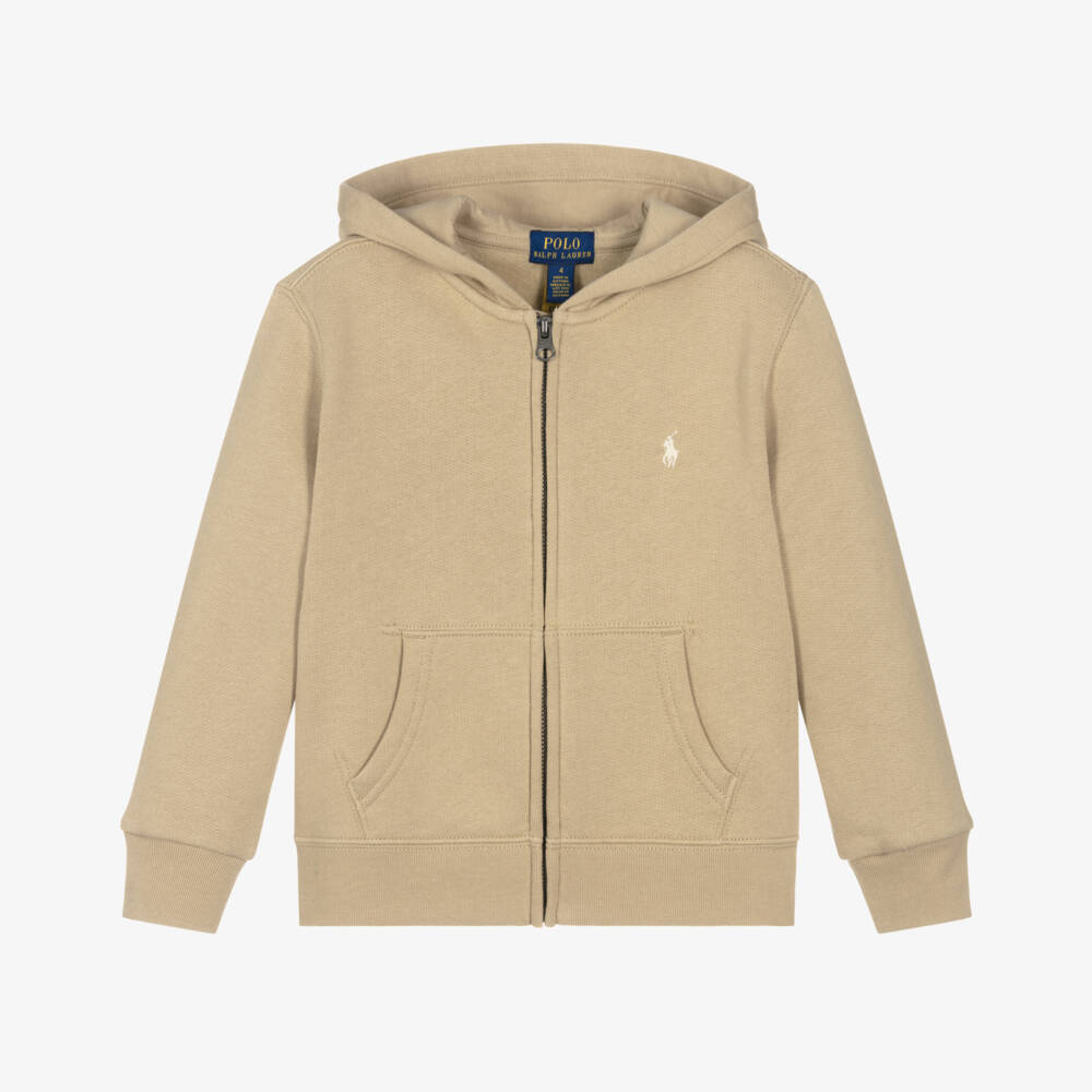 Ralph Lauren-توب بغطاء رأس بسحاب قطن جيرسي لون بيج للأولاد | Childrensalon