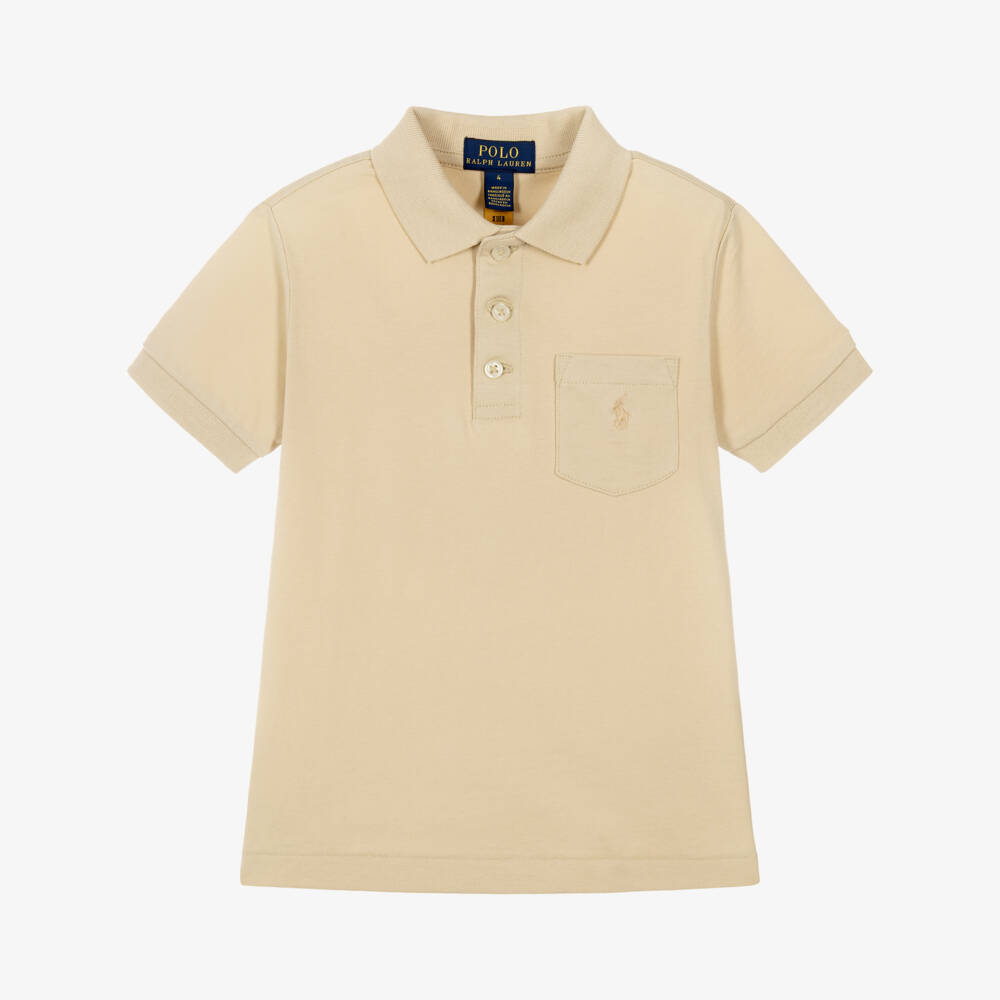 Ralph Lauren-Boys Beige Cotton Jersey Polo Shirt with Pony Logo | Childrensalon