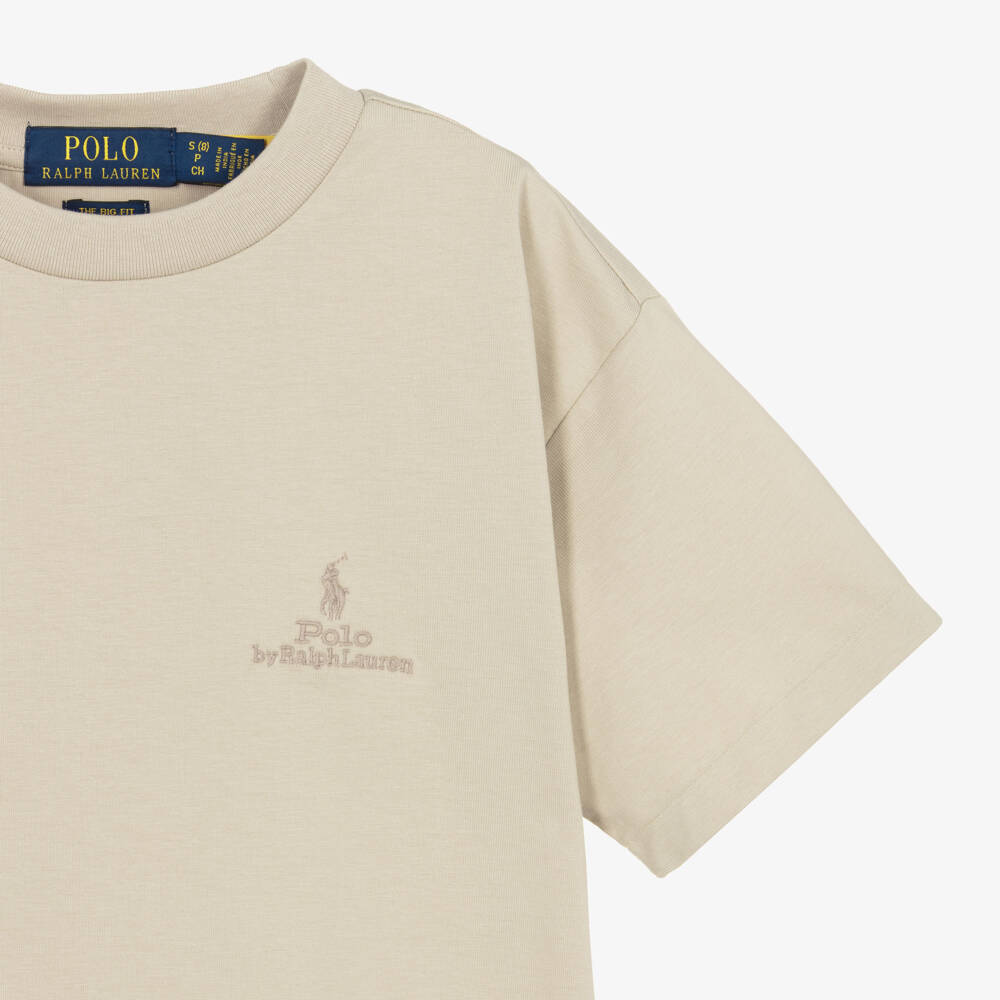 Ralph Lauren-Boys Beige Cotton Jersey T-Shirt with Tonal Logo Embroidery | Childrensalon