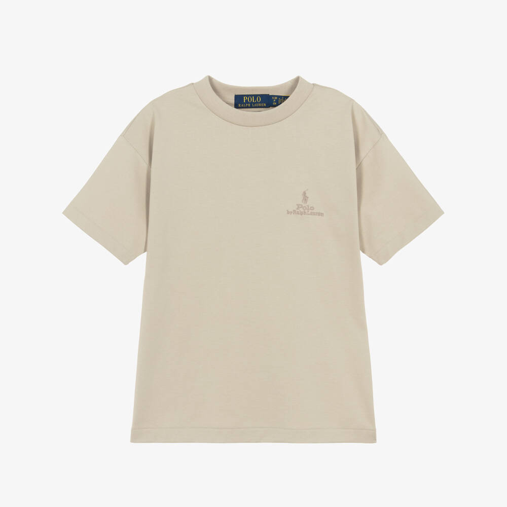Ralph Lauren-Boys Beige Cotton Jersey T-Shirt with Tonal Logo Embroidery | Childrensalon