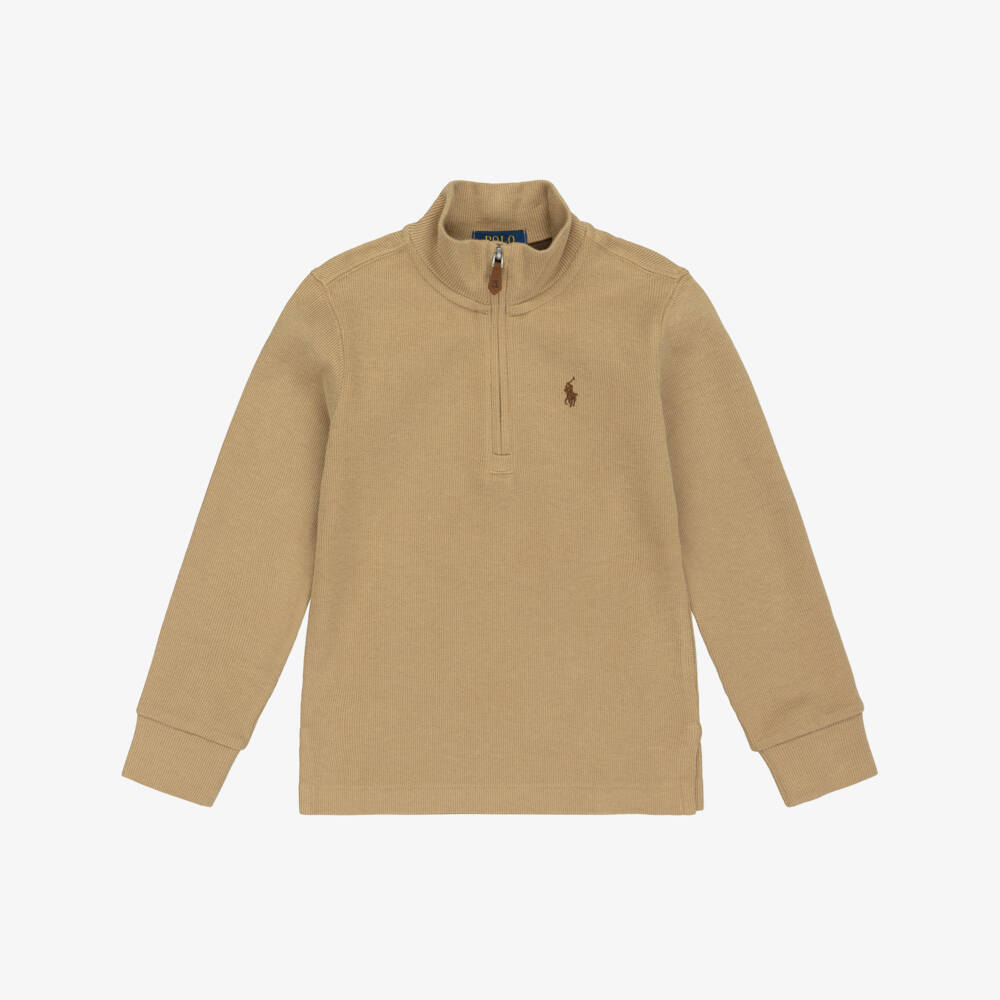 Ralph Lauren-Водолазка бежевая с полумолнией из хлопкового трикотажа для мальчиков | Childrensalon