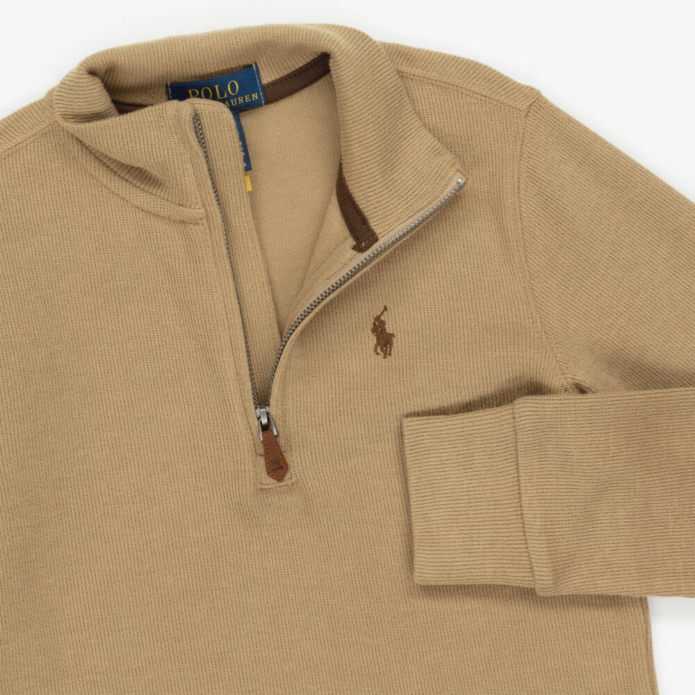 Ralph Lauren-Boys Beige Cotton Knit Half-Zip Turtleneck Top with Pony Logo | Childrensalon