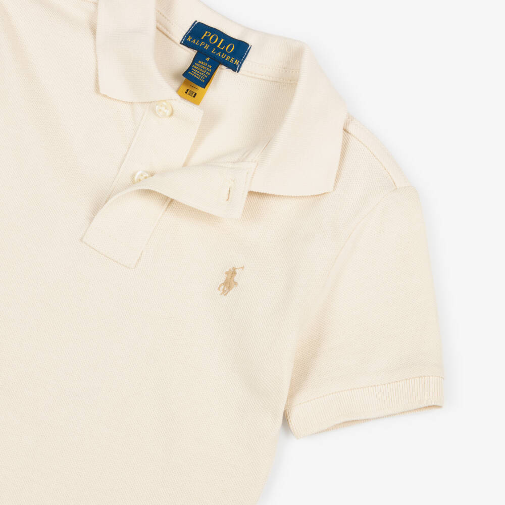 Ralph Lauren-Boys Beige Cotton Piqué Polo Shirt with Embroidered Logo | Childrensalon