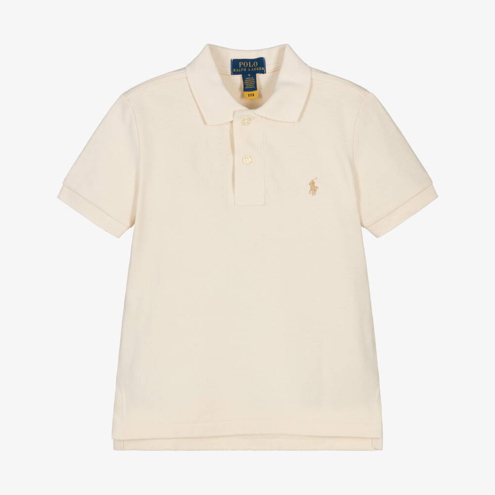 Ralph Lauren-Boys Beige Cotton Piqué Polo Shirt with Embroidered Logo | Childrensalon