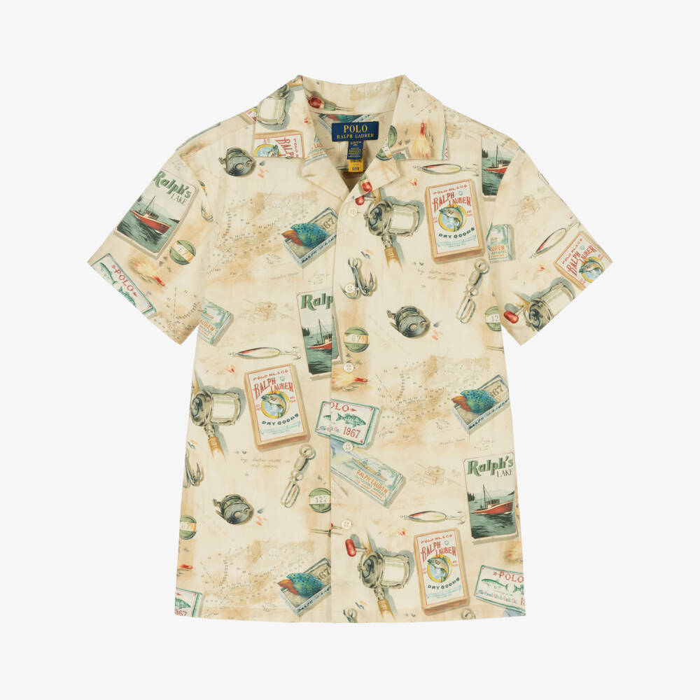 Ralph Lauren-Boys Beige Cotton Shirt with Fishing Print | Childrensalon