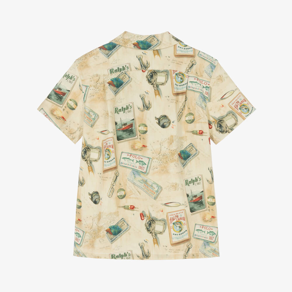 Ralph Lauren-Boys Beige Cotton Shirt with Fishing Print | Childrensalon