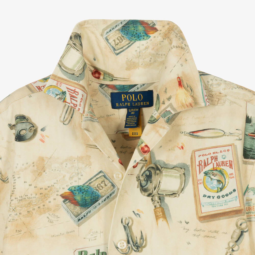 Ralph Lauren-Boys Beige Cotton Shirt with Fishing Print | Childrensalon