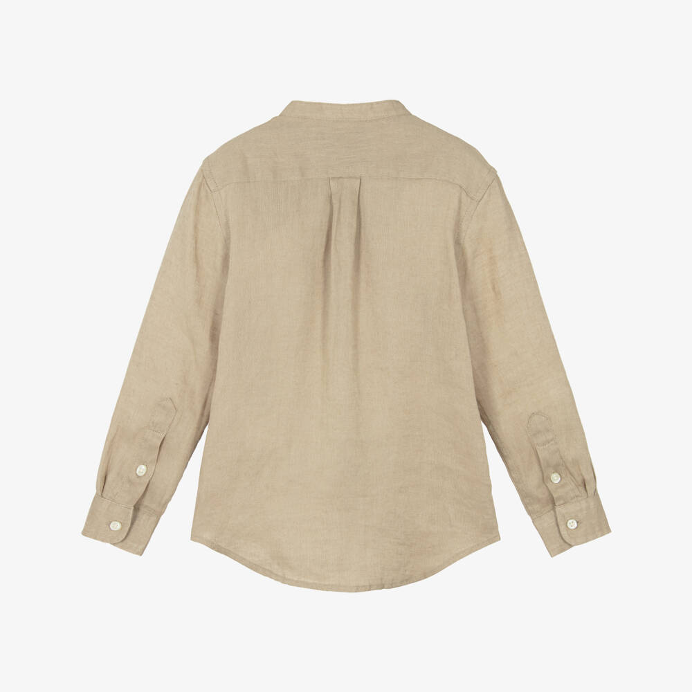 Ralph Lauren-Boys Beige Linen Collarless Shirt with Tonal Pony Logo | Childrensalon