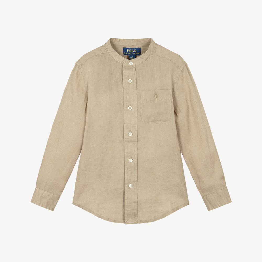 Ralph Lauren-Boys Beige Linen Collarless Shirt with Tonal Pony Logo | Childrensalon