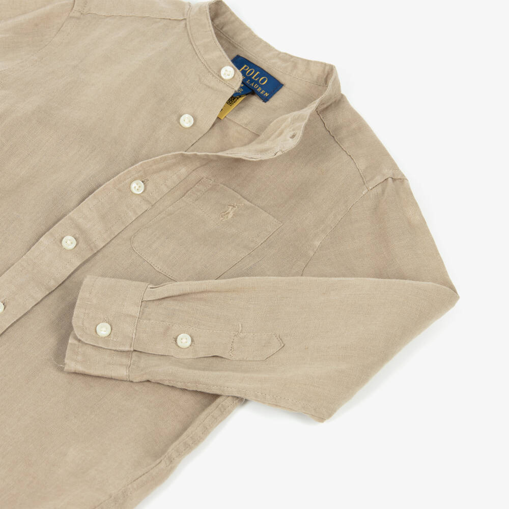 Ralph Lauren-Boys Beige Linen Collarless Shirt with Tonal Pony Logo | Childrensalon