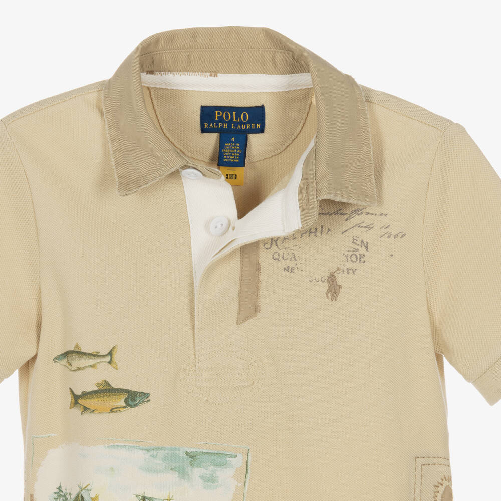 Ralph Lauren-Boys Beige Piqué Fishing Print Polo Shirt | Childrensalon