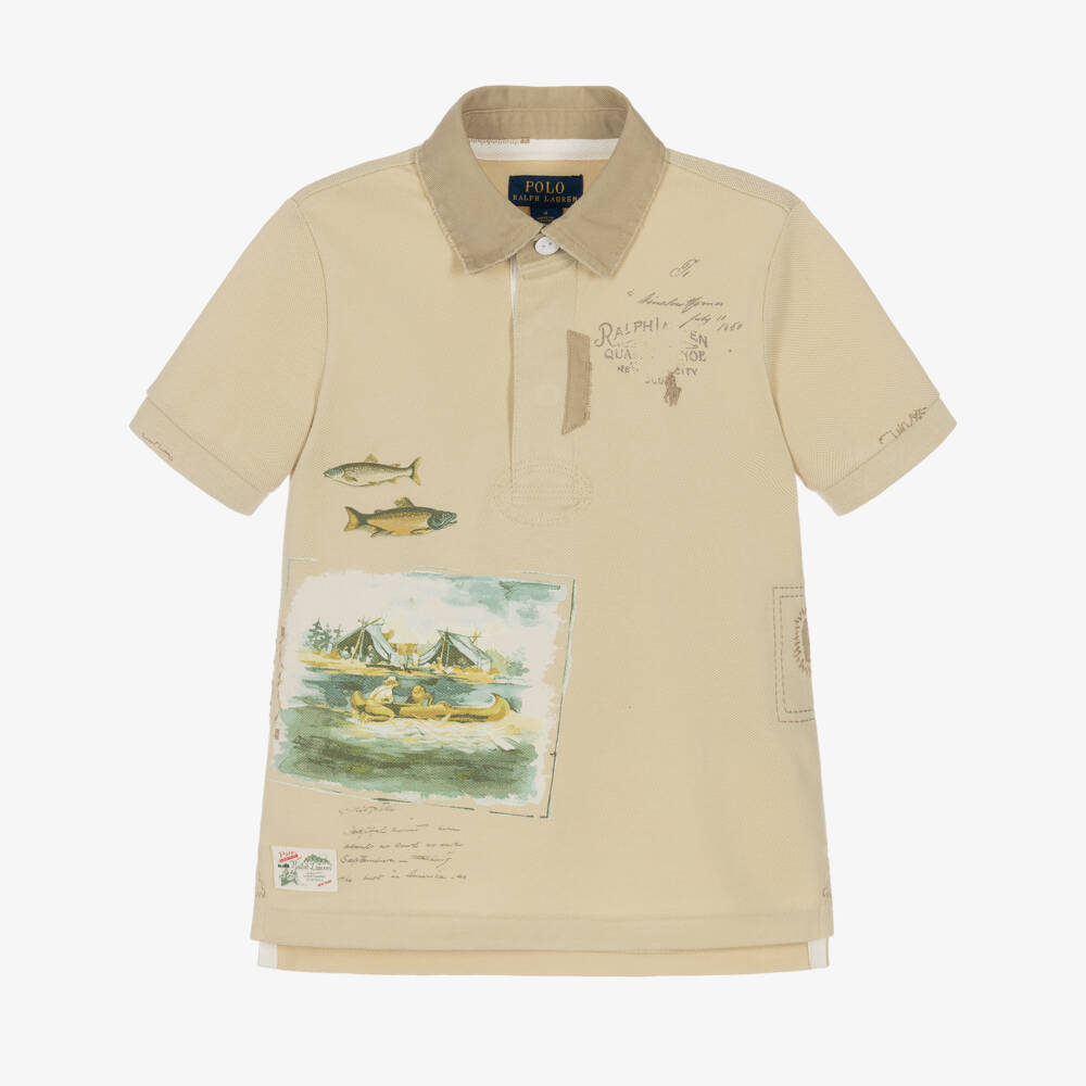 Ralph Lauren-Boys Beige Piqué Fishing Print Polo Shirt | Childrensalon