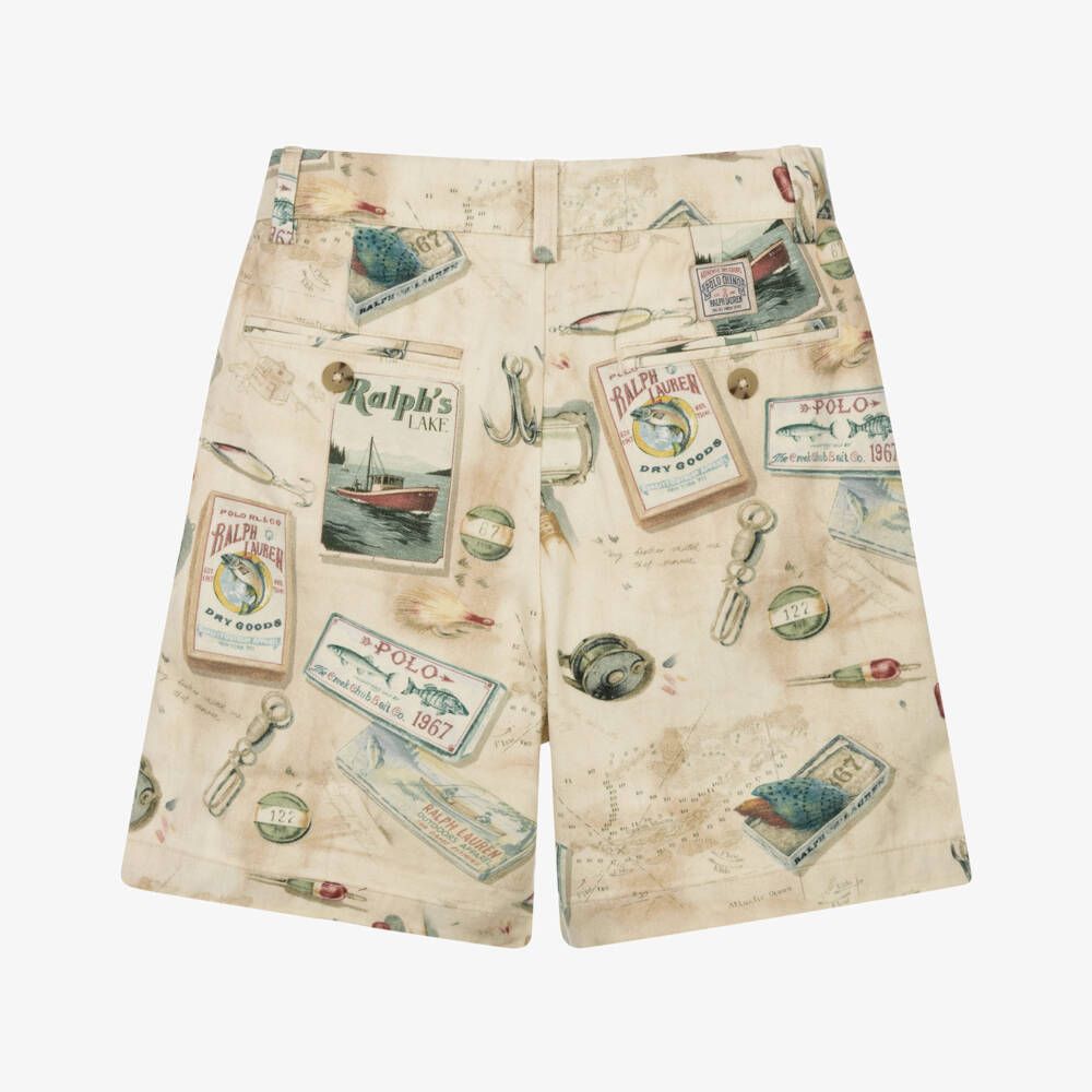 Ralph Lauren-Boys Beige Shorts with Vintage Fishing Print | Childrensalon