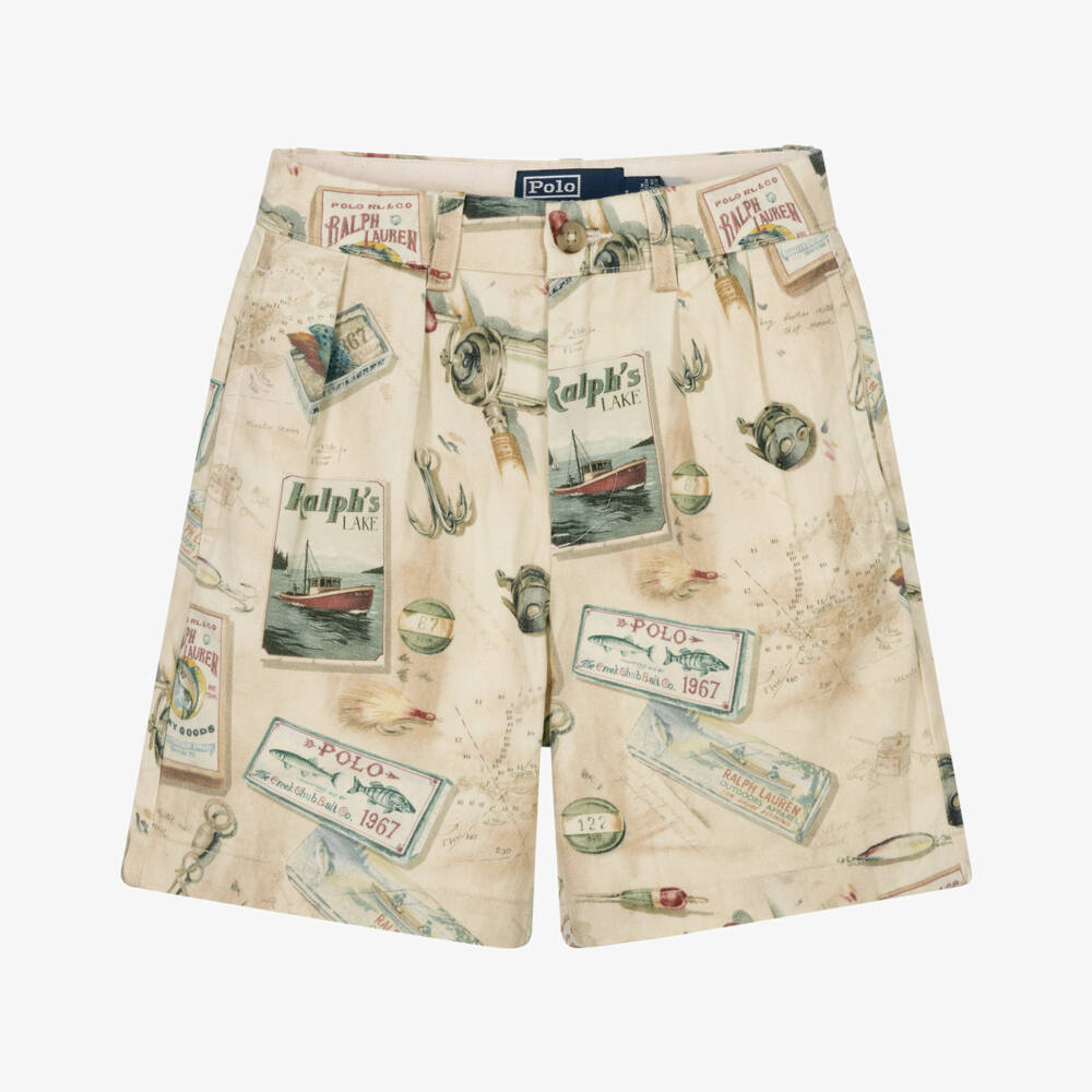 Ralph Lauren-Boys Beige Shorts with Vintage Fishing Print  | Childrensalon