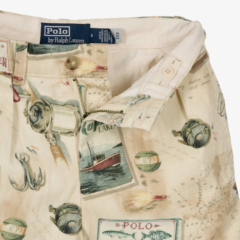 Ralph Lauren-Boys Beige Shorts with Vintage Fishing Print | Childrensalon