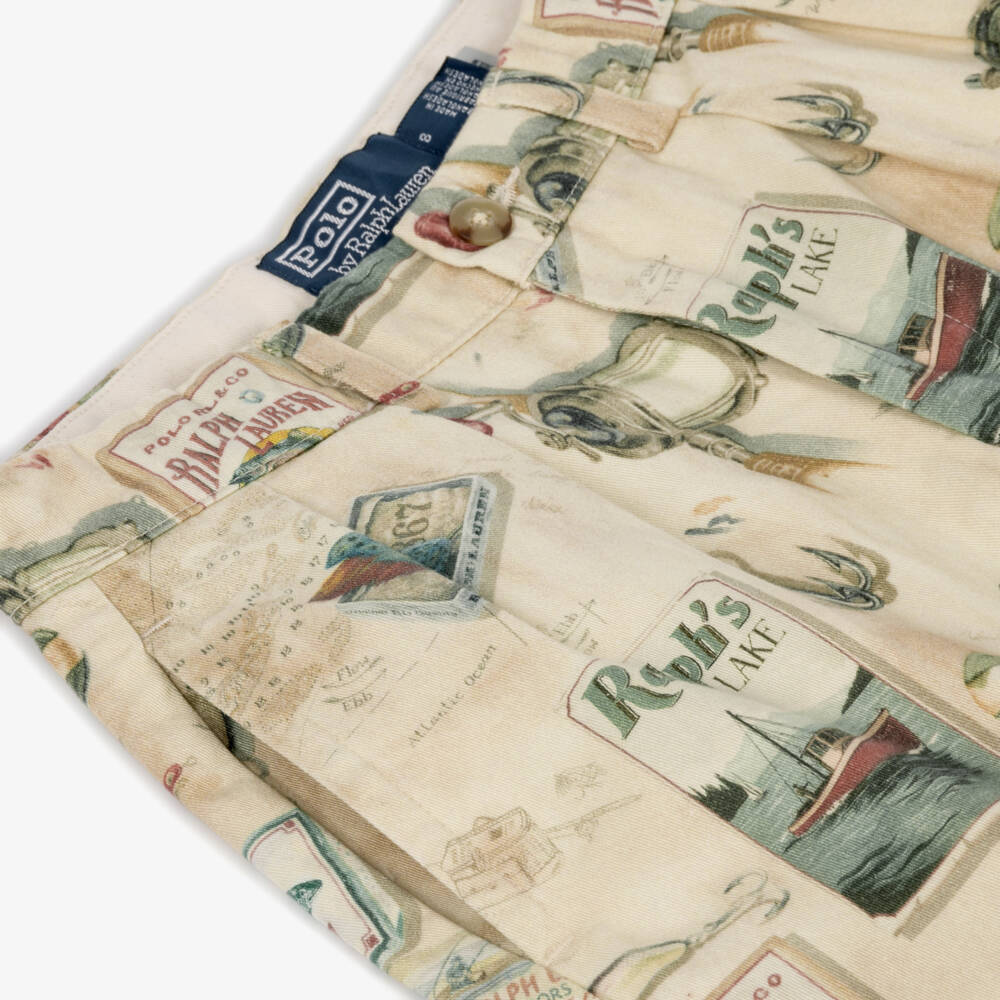Ralph Lauren-Boys Beige Shorts with Vintage Fishing Print | Childrensalon