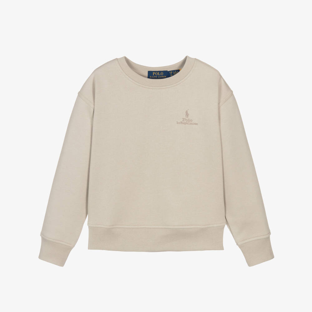 Ralph Lauren-Boys Beige Sweatshirt with Tonal Embroidered Logo  | Childrensalon