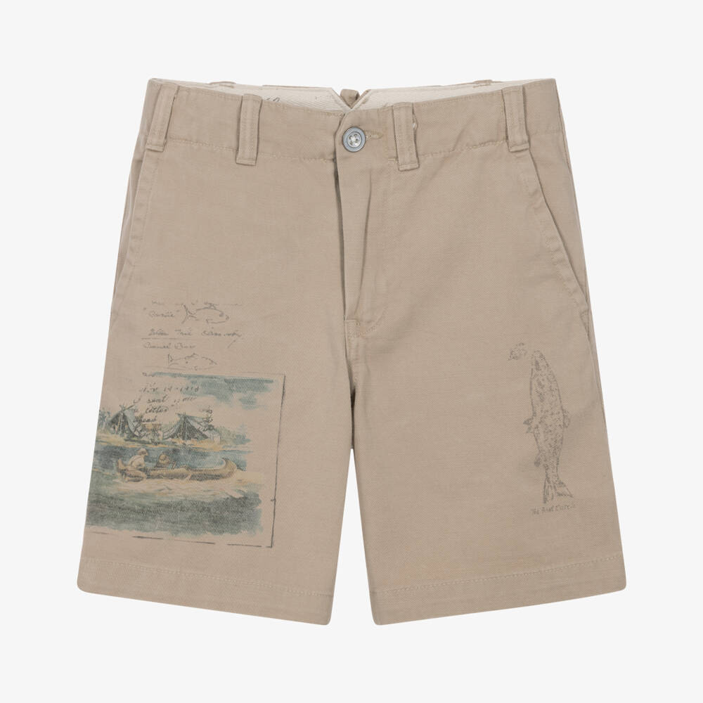 Ralph Lauren-Boys Beige Twill Fishing Print Shorts | Childrensalon