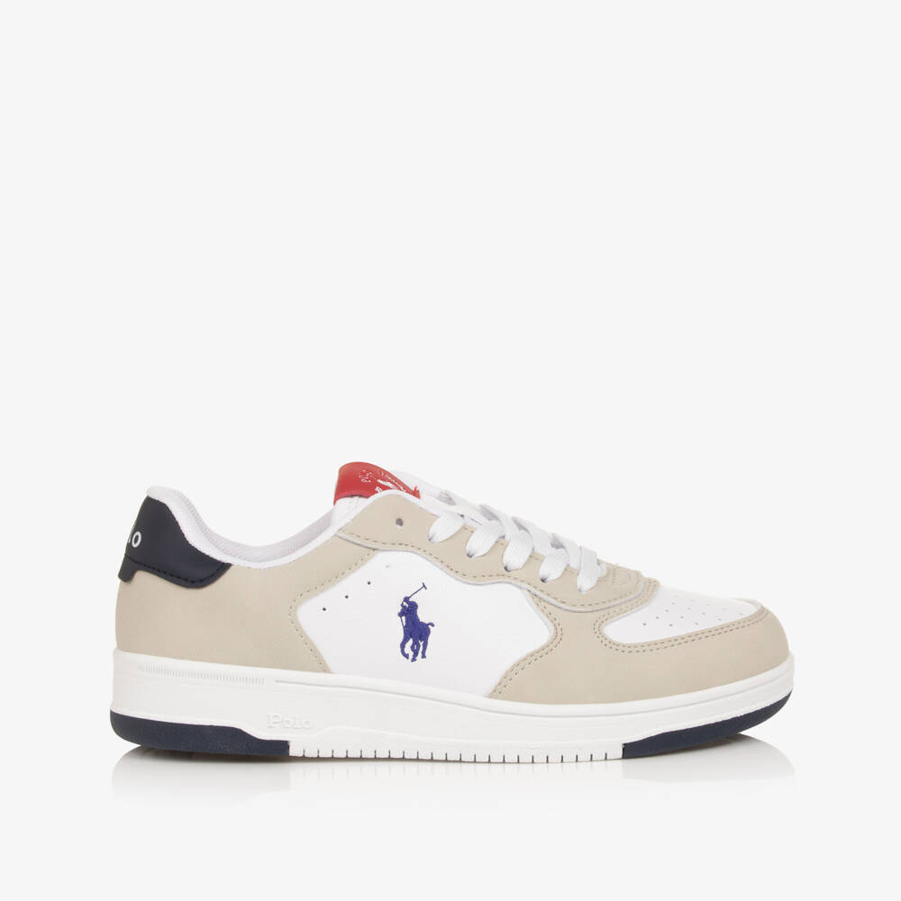 Ralph Lauren-Boys Beige & White Faux Leather Pony Logo Trainers | Childrensalon