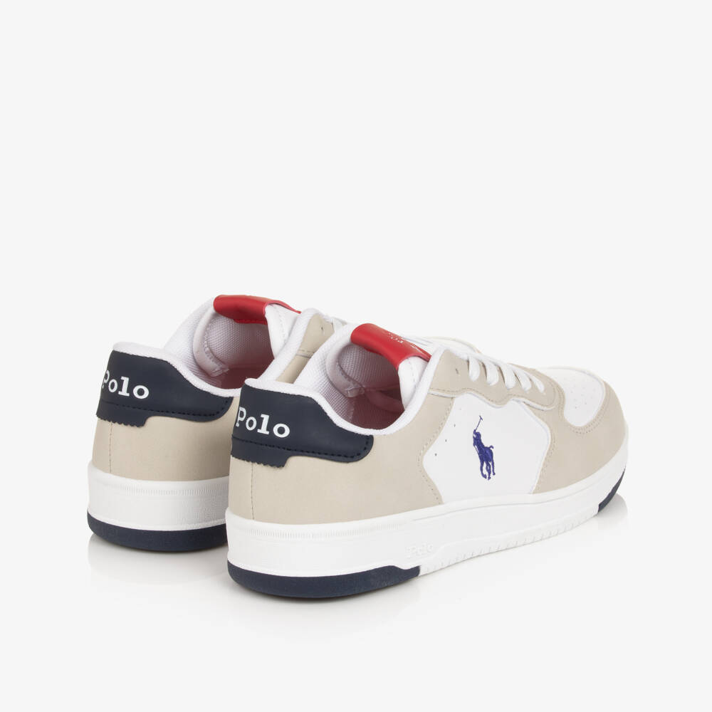 Ralph Lauren-Boys Beige & White Faux Leather Pony Logo Trainers | Childrensalon