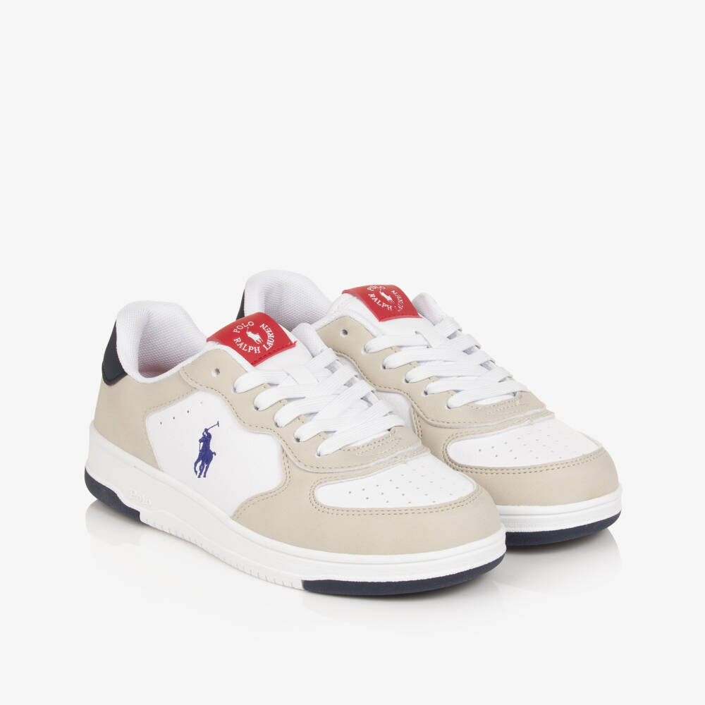 Ralph Lauren-Boys Beige & White Faux Leather Pony Logo Trainers | Childrensalon