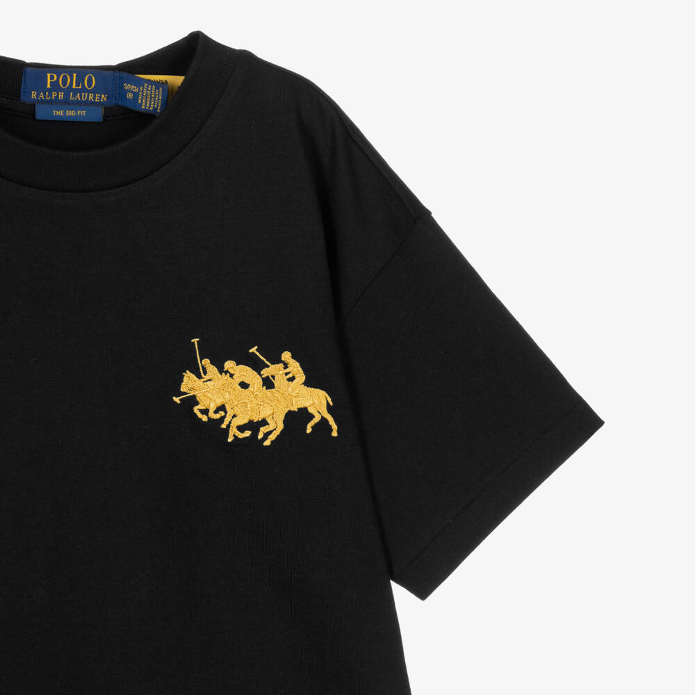 Ralph Lauren-Boys Black Big Fit T-Shirt with Gold Polo Embroidery | Childrensalon