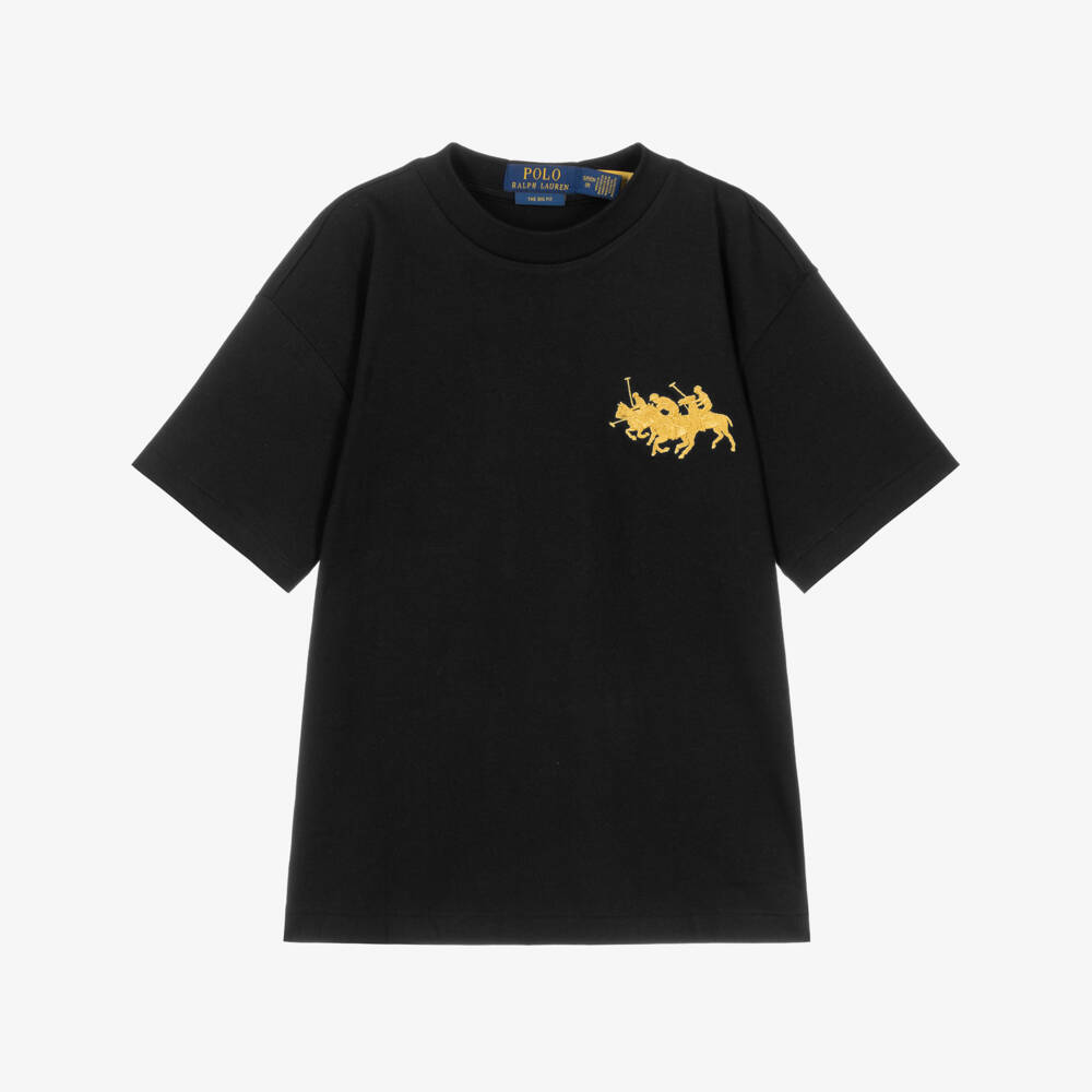 Ralph Lauren-Boys Black Big Fit T-Shirt with Gold Polo Embroidery | Childrensalon