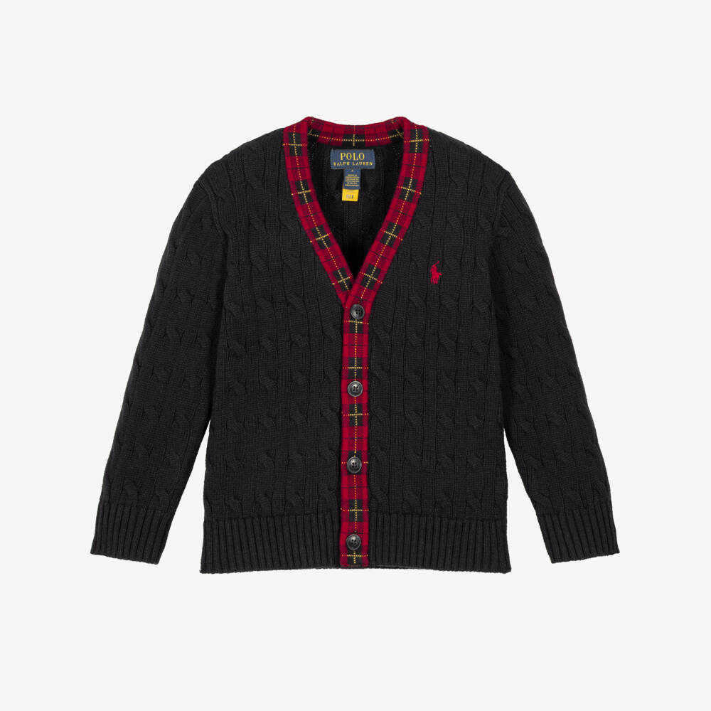 Ralph Lauren-Boys Black Cable-Knit Cardigan with Plaid Trim | Childrensalon