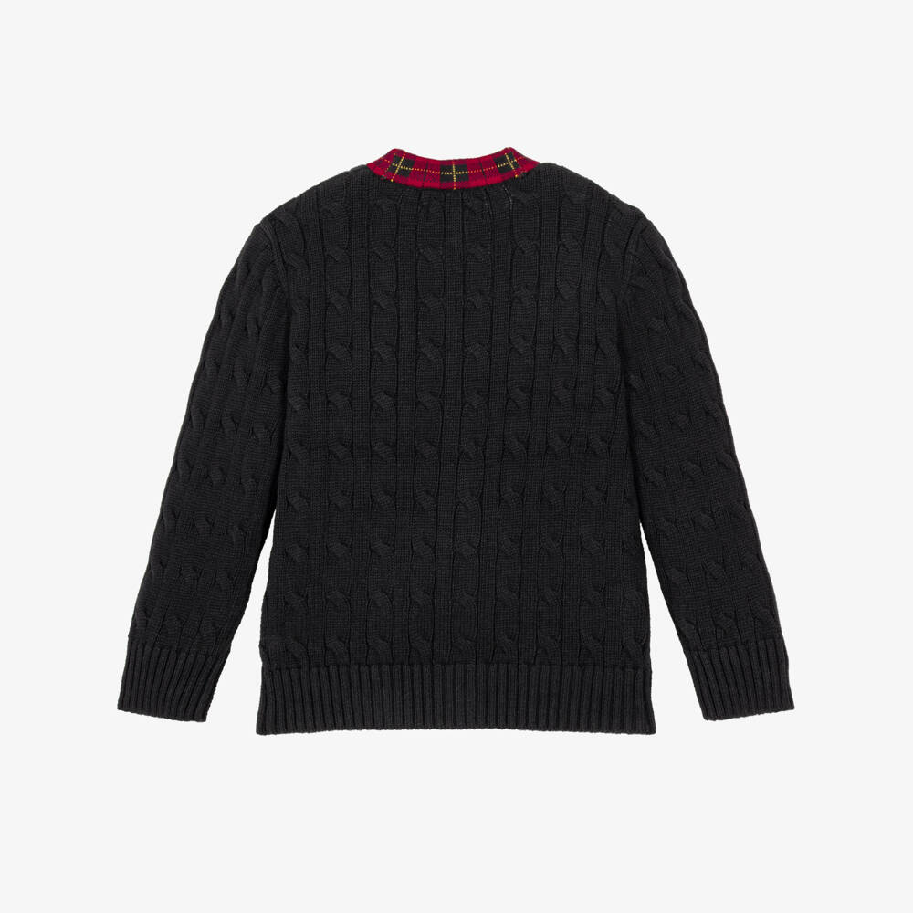 Ralph Lauren-Boys Black Cable-Knit Cardigan with Plaid Trim | Childrensalon