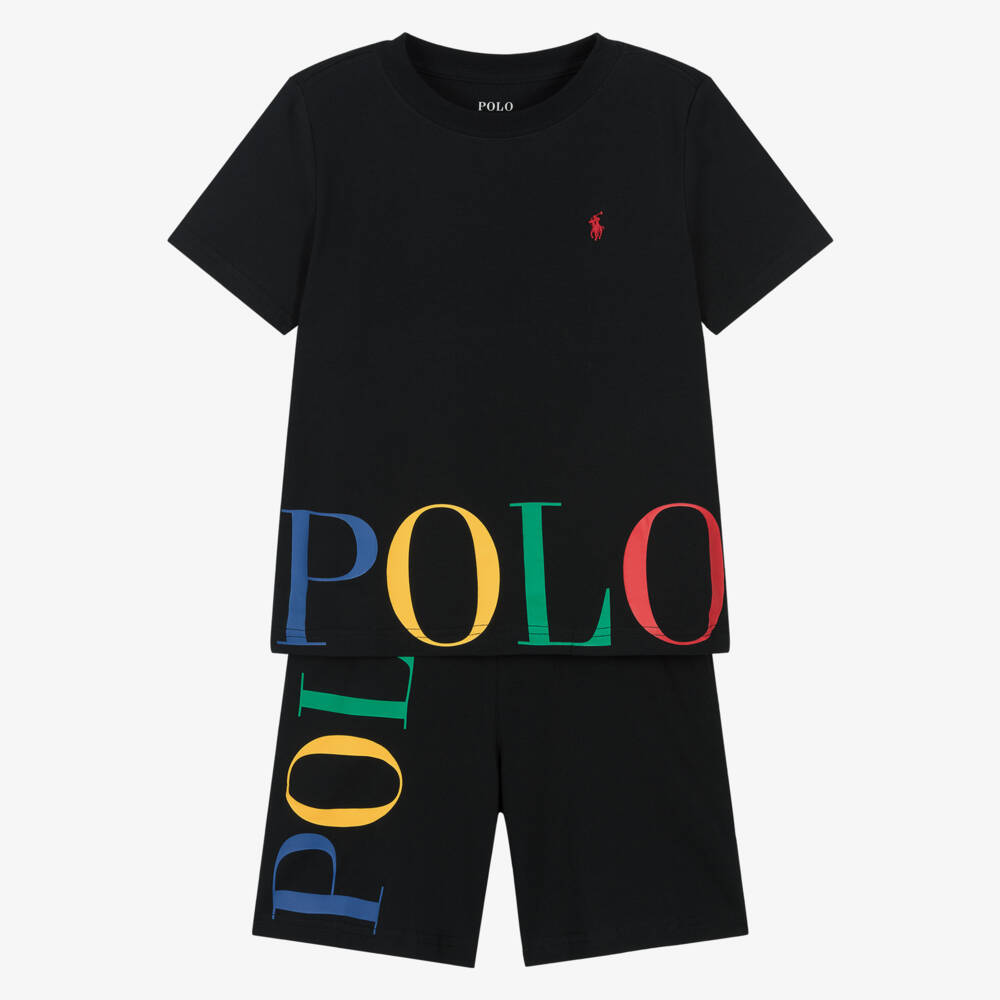 Ralph Lauren-Boys Black Cotton Jersey Short Pyjamas with Large Logos | Childrensalon