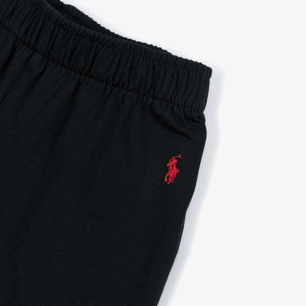 Ralph Lauren-Boys Black Cotton Jersey Short Pyjamas with Large Logos | Childrensalon