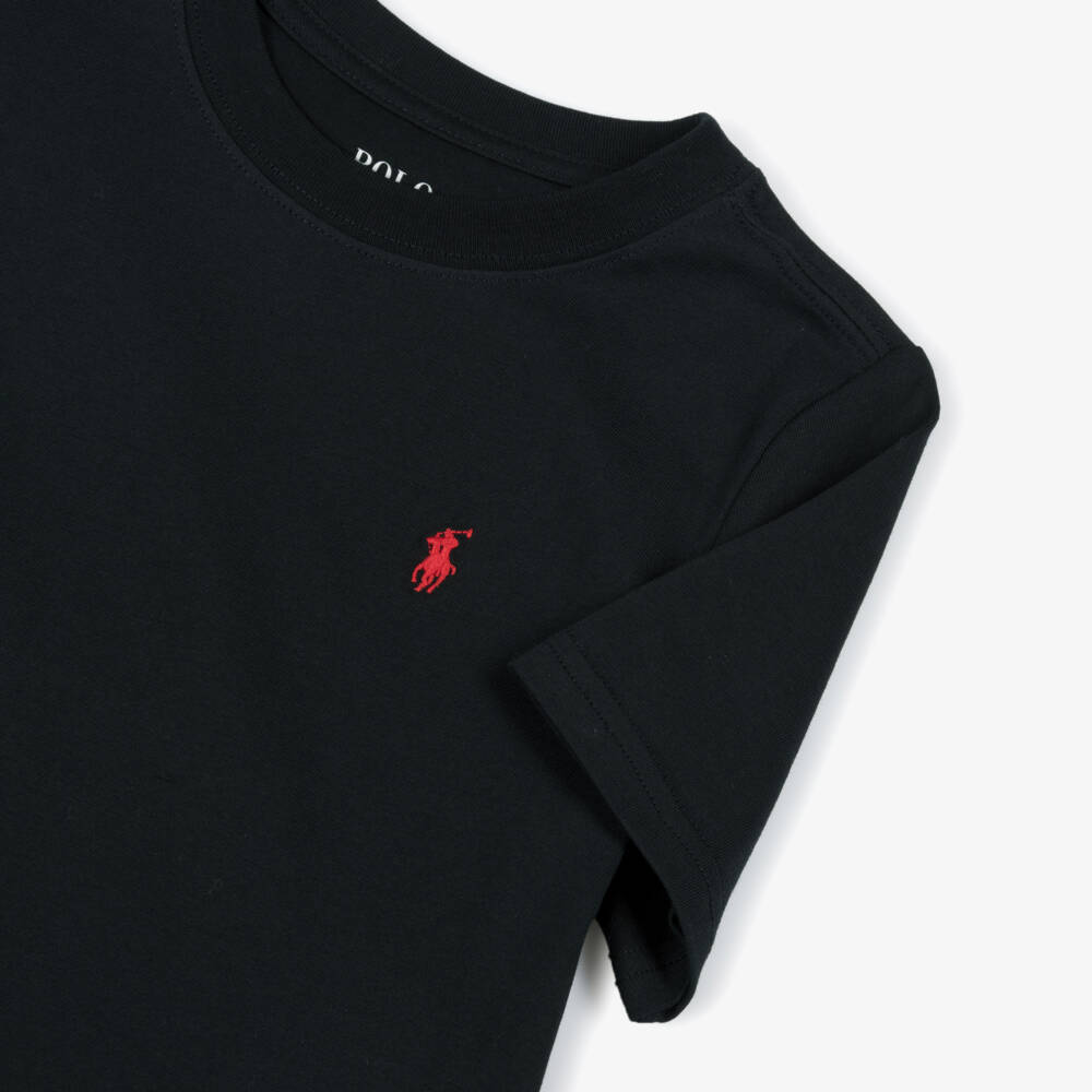 Ralph Lauren-Boys Black Cotton Jersey Short Pyjamas with Large Logos | Childrensalon