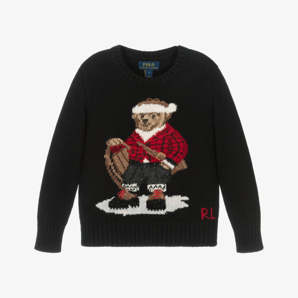 Ralph Lauren-Boys Black Cotton Knit Polo Bear Sweater | Childrensalon