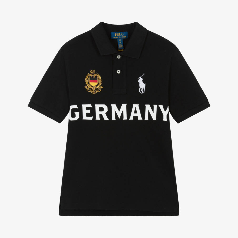Ralph Lauren-Boys Black Cotton Piqué Germany Polo Shirt | Childrensalon