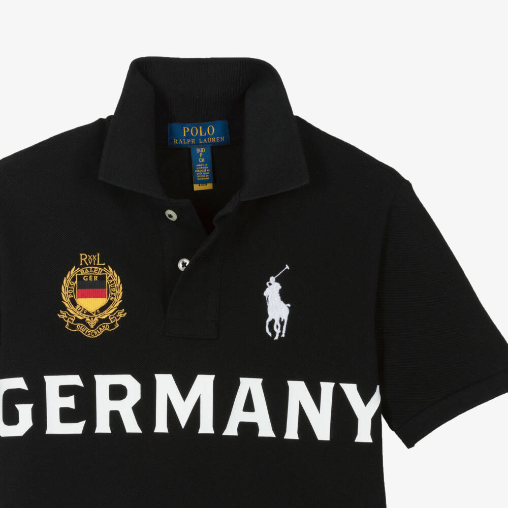 Ralph Lauren-Boys Black Cotton Piqué Germany Polo Shirt | Childrensalon