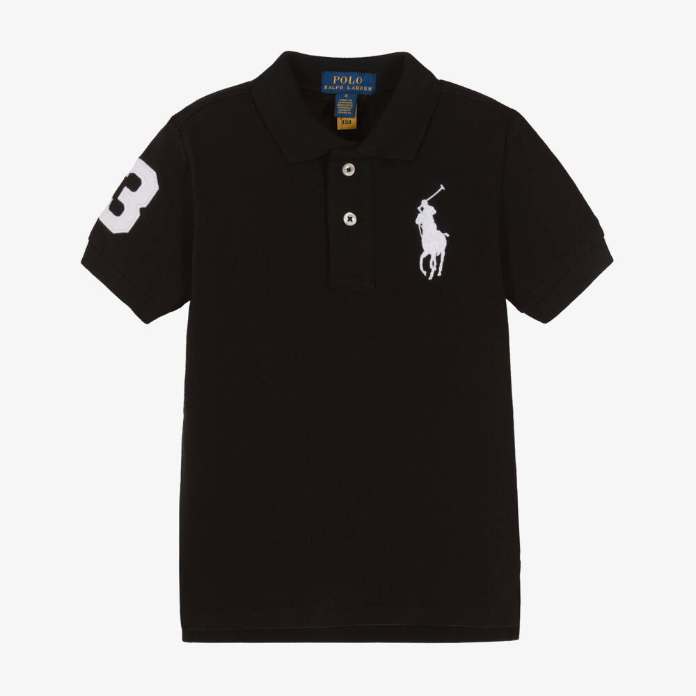Ralph Lauren-Boys Black Cotton Piqué Polo Shirt with Big Pony Logo | Childrensalon