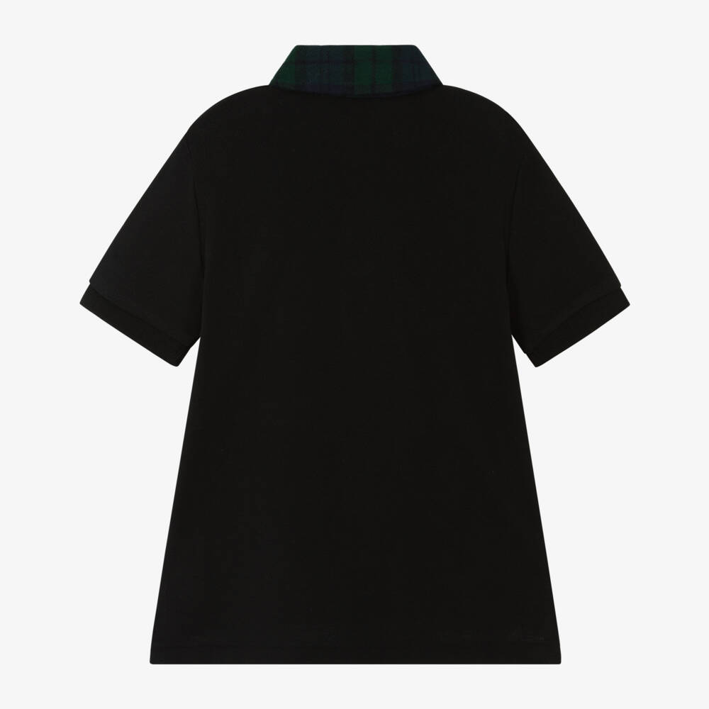 Ralph Lauren-Boys Black Cotton Piqué Polo Shirt with Tartan Collar | Childrensalon