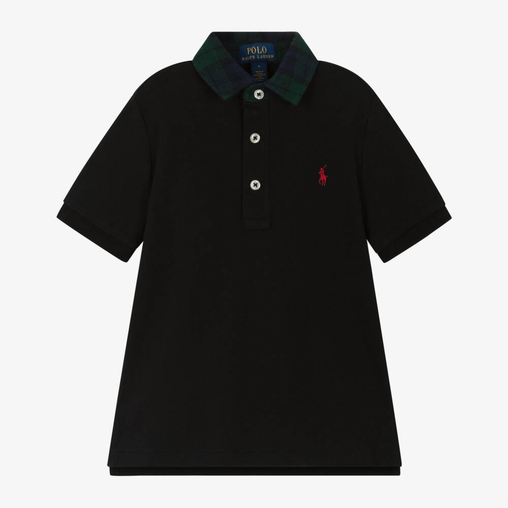 Ralph Lauren-Boys Black Cotton Piqué Polo Shirt with Tartan Collar | Childrensalon