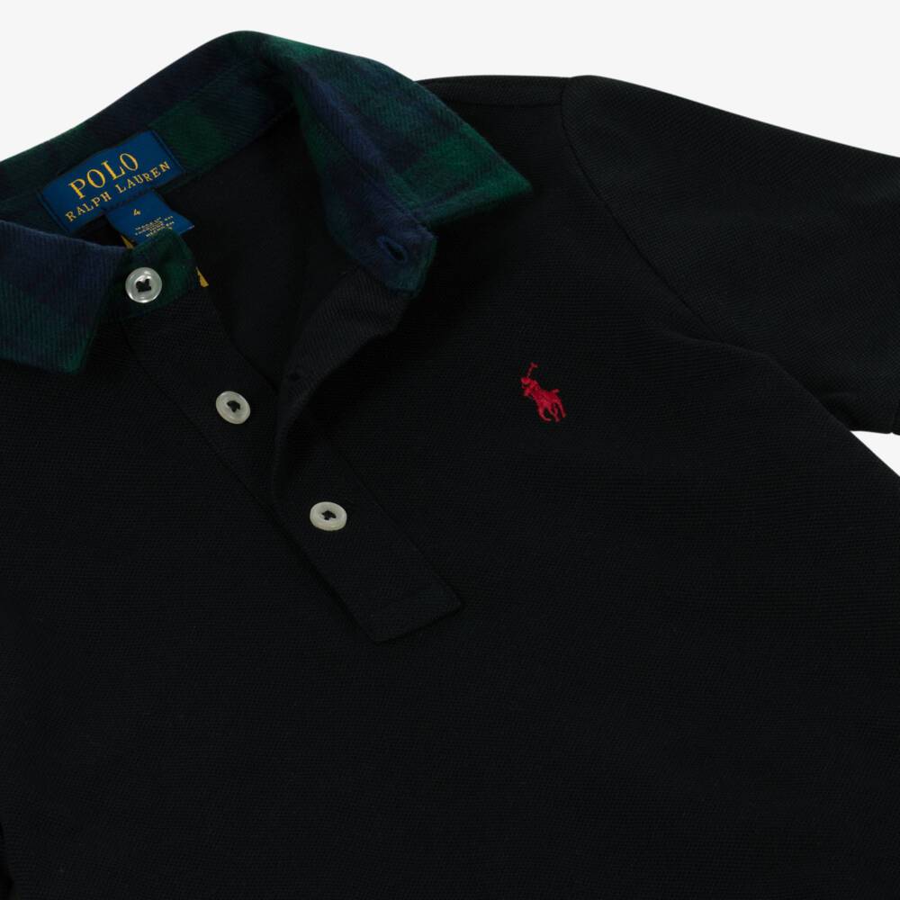 Ralph Lauren-Boys Black Cotton Piqué Polo Shirt with Tartan Collar | Childrensalon